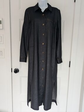 Lafayette 148 NY Wool Blend Shirt Dress M Dark Denim Button Front Midi Luxury